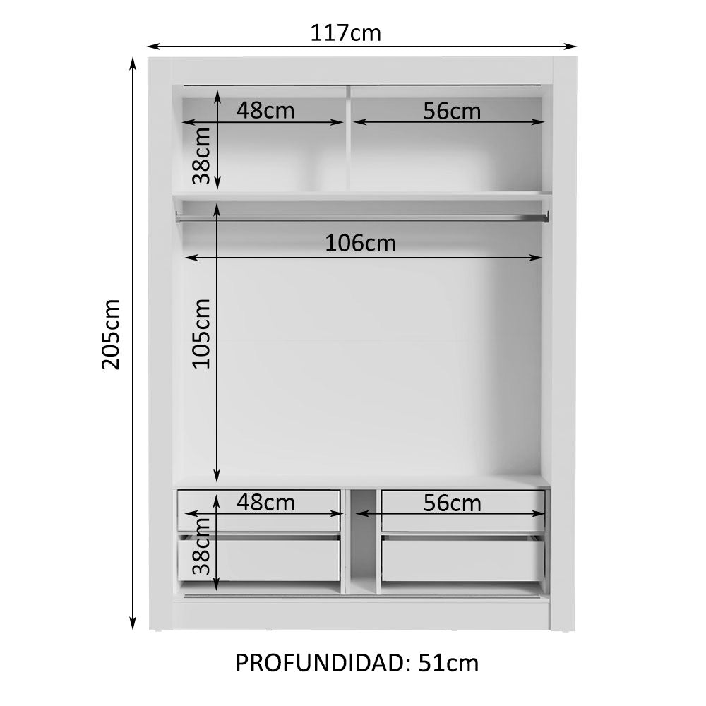 Clóset Individual Madesa Dallas Plus 2 Puertas Corredizas de Espejo 4 Cajones Blanco