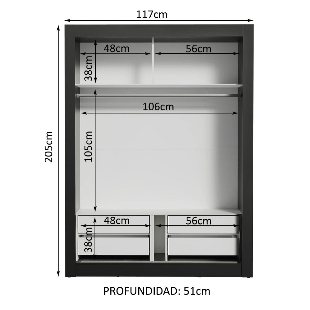 Clóset Soltero Dallas Plus 2 Puertas Correderas de Espejo 4 Cajones Negro