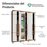 Clóset Matrimonial Venus 6 Puertas Batientes con Espejo con Patas Marrón/Blanco/Marrón
