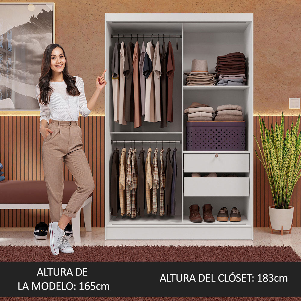 Clóset Soltero 119 cm 2 Puertas Corredizas Con 2 Espejos 2 Cajones Blanco Max Madesa