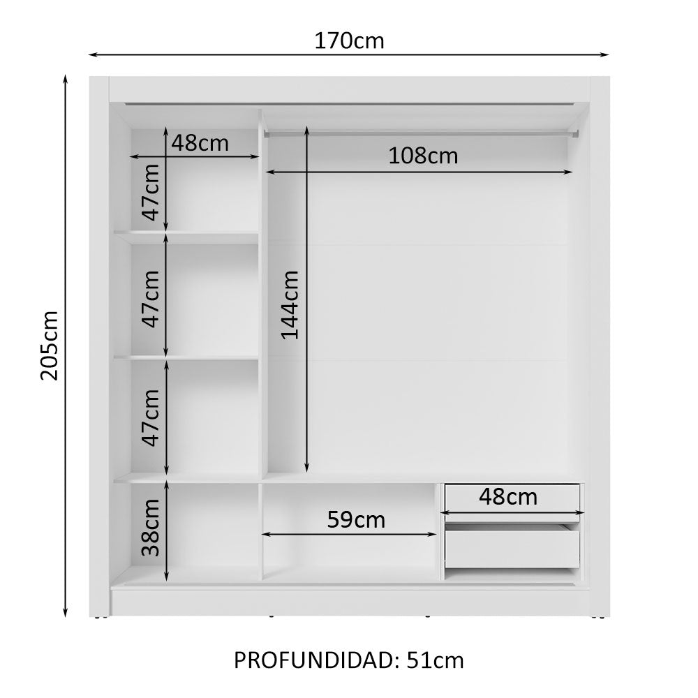 Clóset Matrimonial 170 cm 3 Puertas Corredizas Con 2 Espejos 2 Cajones Blanco/Negro Sublime Madesa