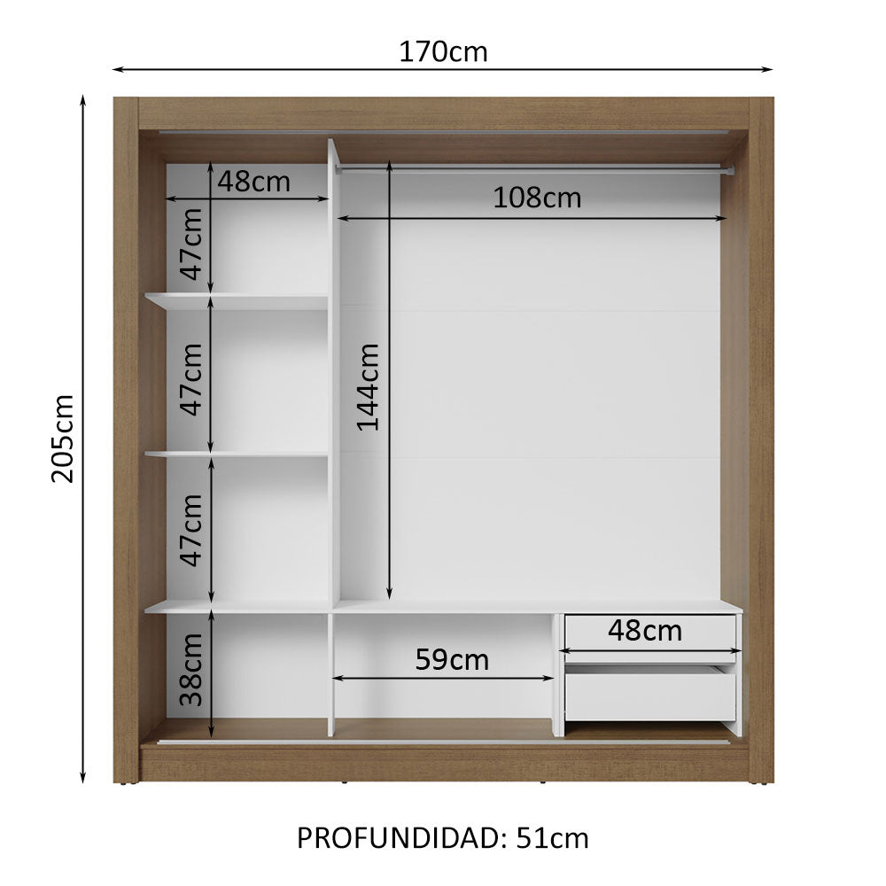 Clóset Matrimonial 170 cm 3 Puertas Corredizas Con 1 Espejo 2 Cajones Marrón/Negro Sublime Madesa