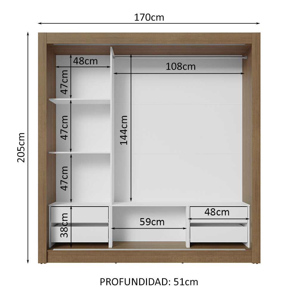 Clóset Matrimonial 170 cm 3 Puertas Corredizas 4 Cajones Con 1 Espejo Marrón/Negro Sublime Madesa