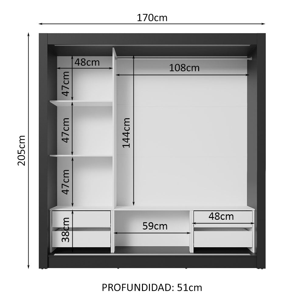 Clóset Matrimonial 170 cm 3 Puertas Corredizas 4 Cajones Con 1 Espejo Negro Sublime Madesa