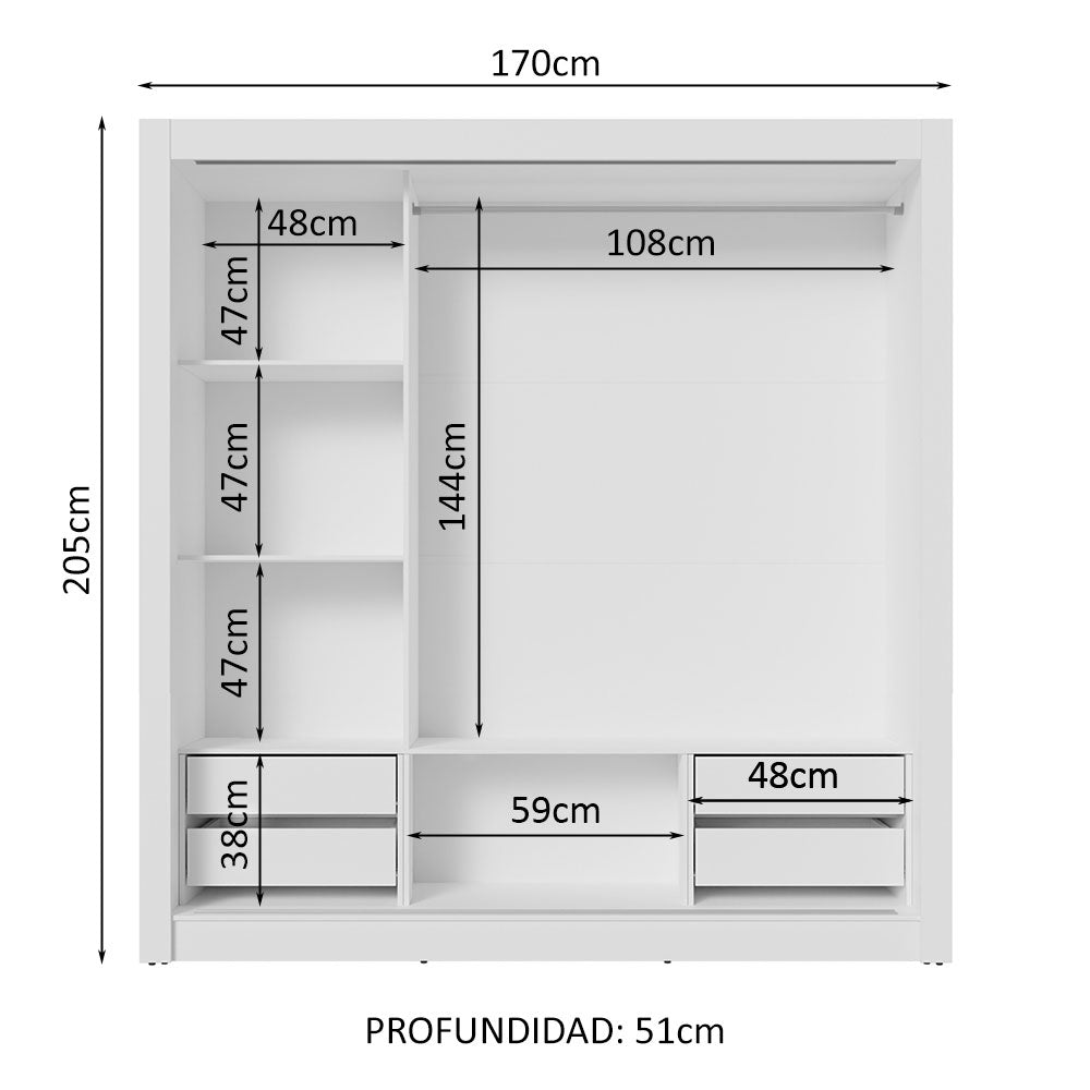 Clóset Matrimonial 170 cm 3 Puertas Corredizas 4 Cajones Blanco/Gris Sublime Madesa
