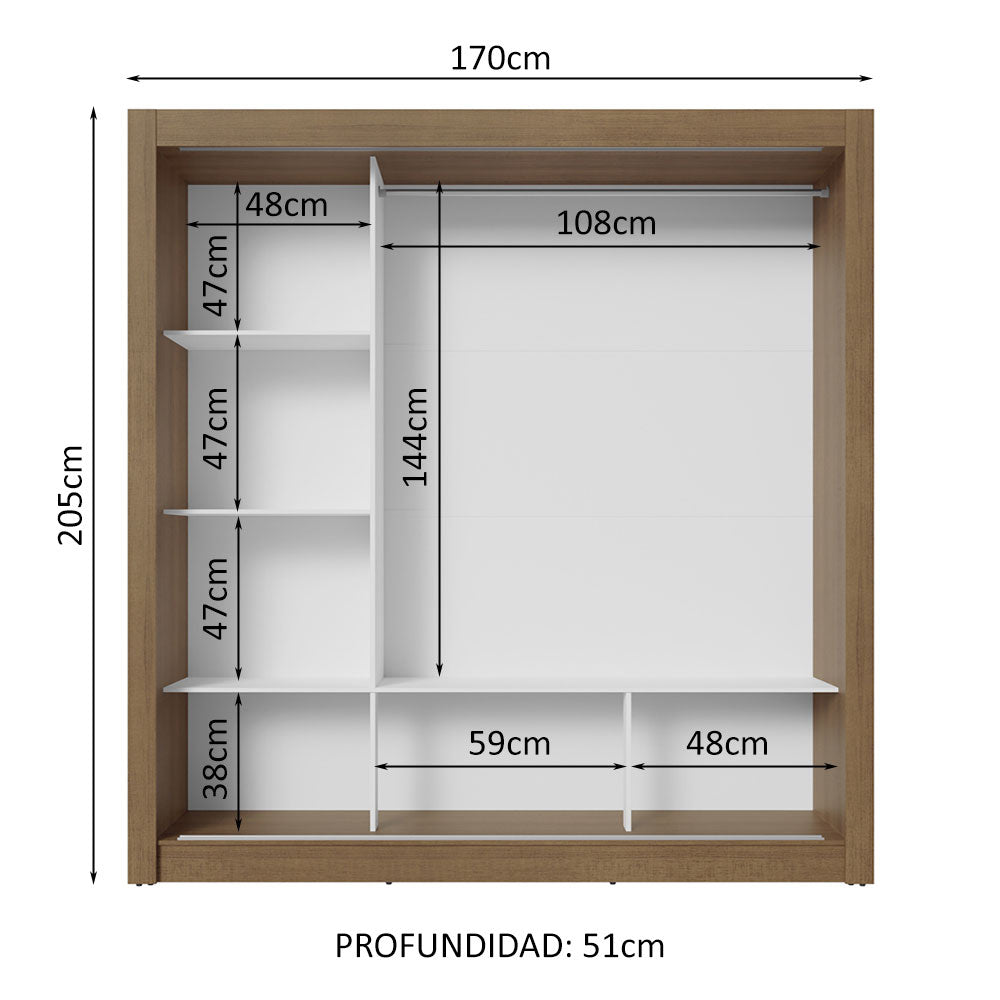 Clóset Matrimonial 170 cm 3 Puertas Corredizas Con 1 Espejo Marrón/Gris Nobre Madesa