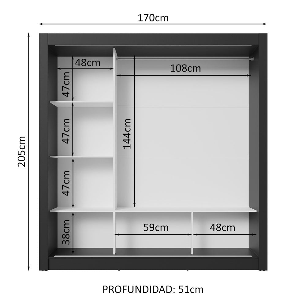 Clóset Matrimonial 3 Puertas Corredizas Negro/Gris Nobre