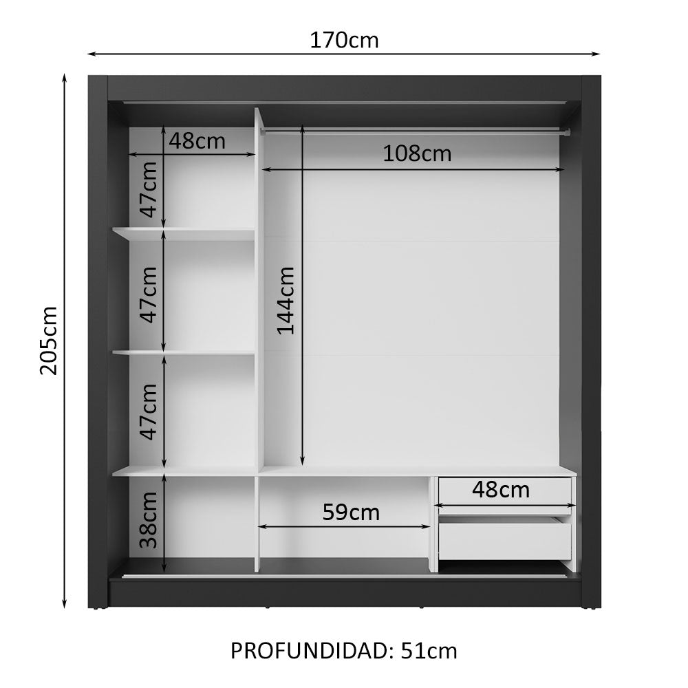 Clóset Matrimonial 3 Puertas Corredizas 2 Cajones Negro/Gris Sublime