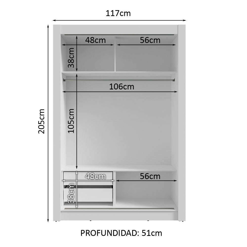Clóset Soltero 117 cm 2 Puertas Corredizas Con 1 Espejo 2 Cajones Blanco Vivare Madesa