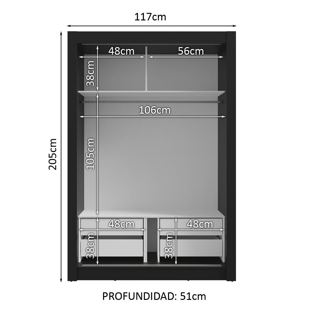 Clóset 2 Puertas Corredizas con Espejo 4 Cajones Negro/Blanco Vivare Plus Madesa