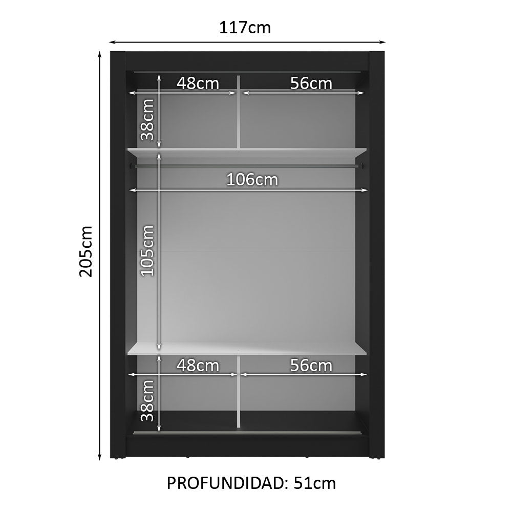 Clóset 2 Puertas Corredizas con Espejos Negro Milano