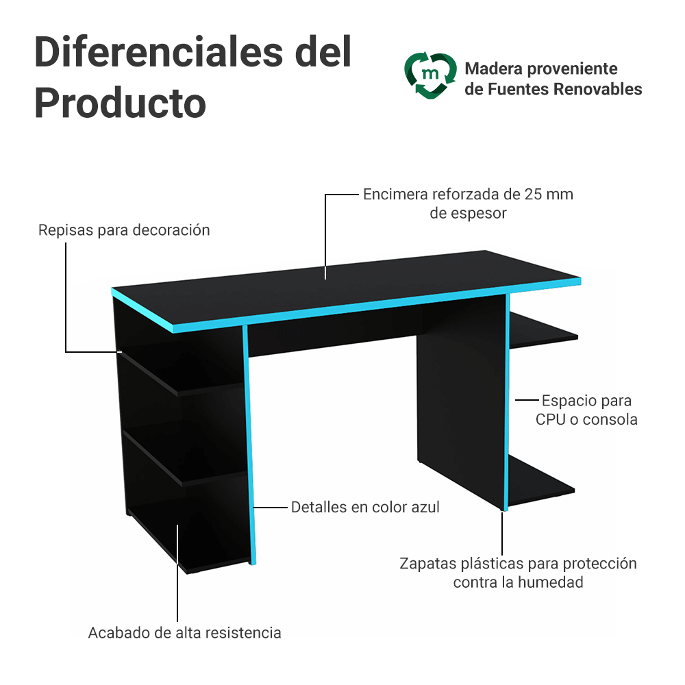 Escritorio Gamer 136 cm Negro/Azul Madesa