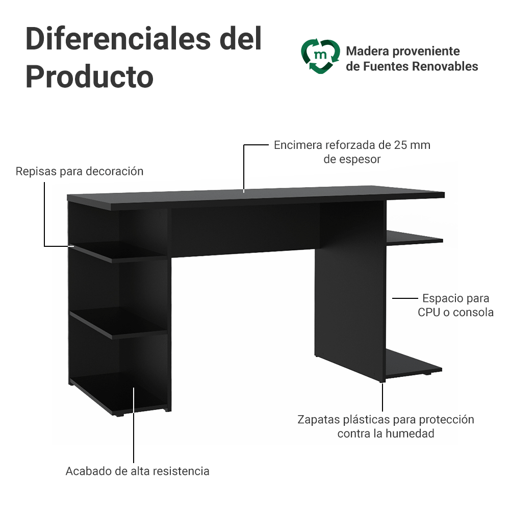 Escritorio Gamer 136 cm Negro Madesa