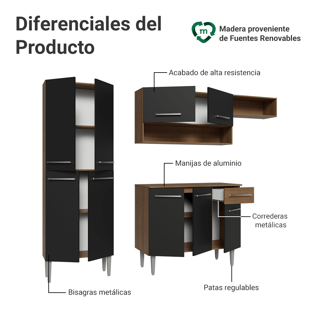 Cocina Compacta 229cm Marrón/Negro Emilly Top