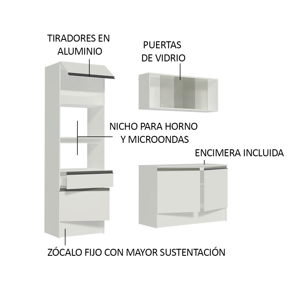 Cocina Compacta 180 x 52 cm 5 Puertas 2 Cajónes con Mueble para Horno Blanco Topázio Madesa