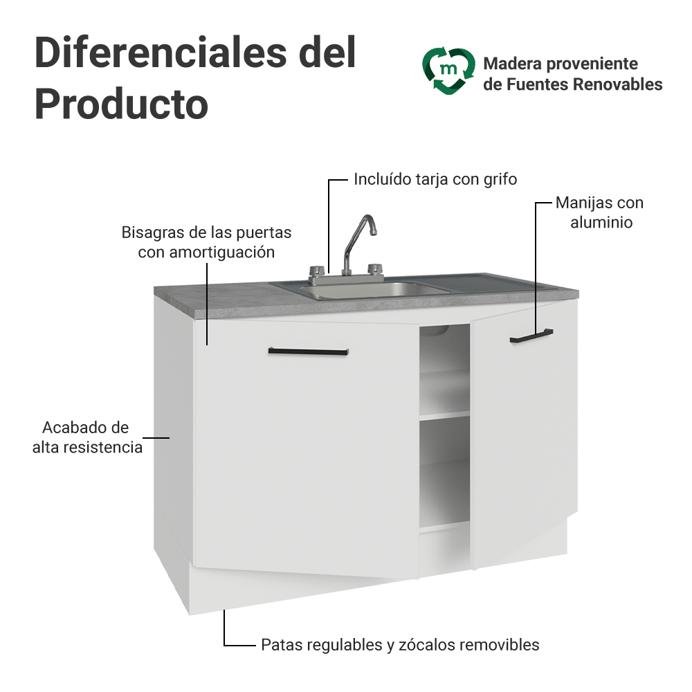 Gabinete Bajo para Fregadero con Accesorios de Cocina 120 x 60 cm 2 Puertas (Con Encimera) Agata Blanco