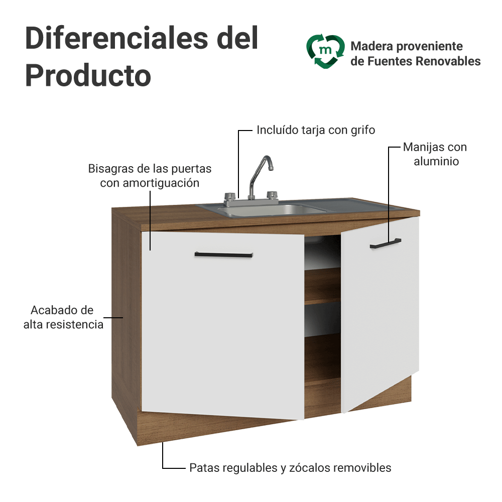 Gabinete Bajo para Fregadero con Accesorios de Cocina 120 x 60 cm 2 Puertas (Con Encimera) Agata Marrón/Blanco