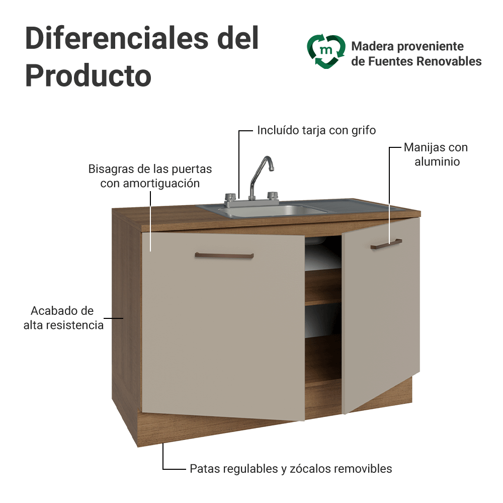 Gabinete Bajo para Fregadero con Accesorios de Cocina 120 x 60 cm 2 Puertas (Con Encimera) Agata Marrón/Crema