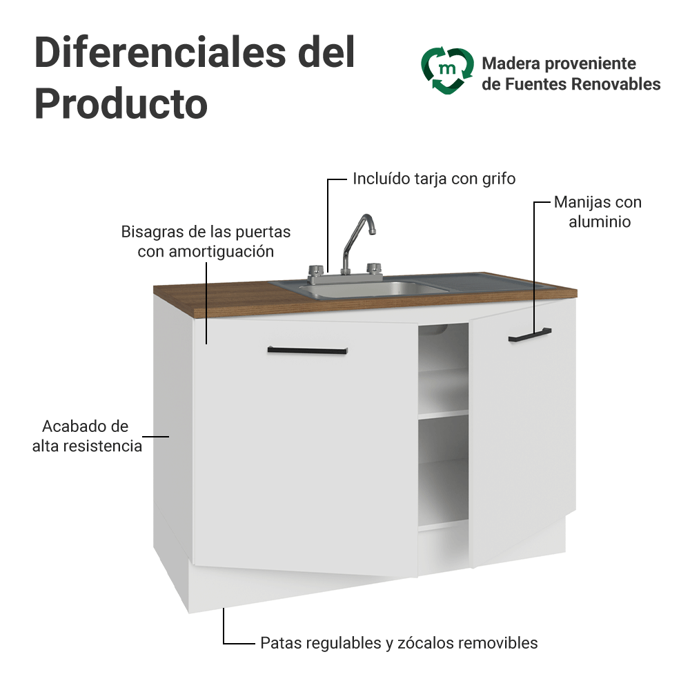 Mueble de Cocina con Fregadero 120 cm 2 Puertas Blanco/Marrón Agata