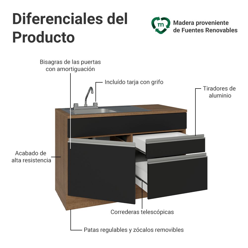 Gabinete Bajo para Fregadero con Accesorios de Cocina 120 x 60 cm 1 Puerta 2 Cajones (Con Encimera) Glamy Marrón/Negro