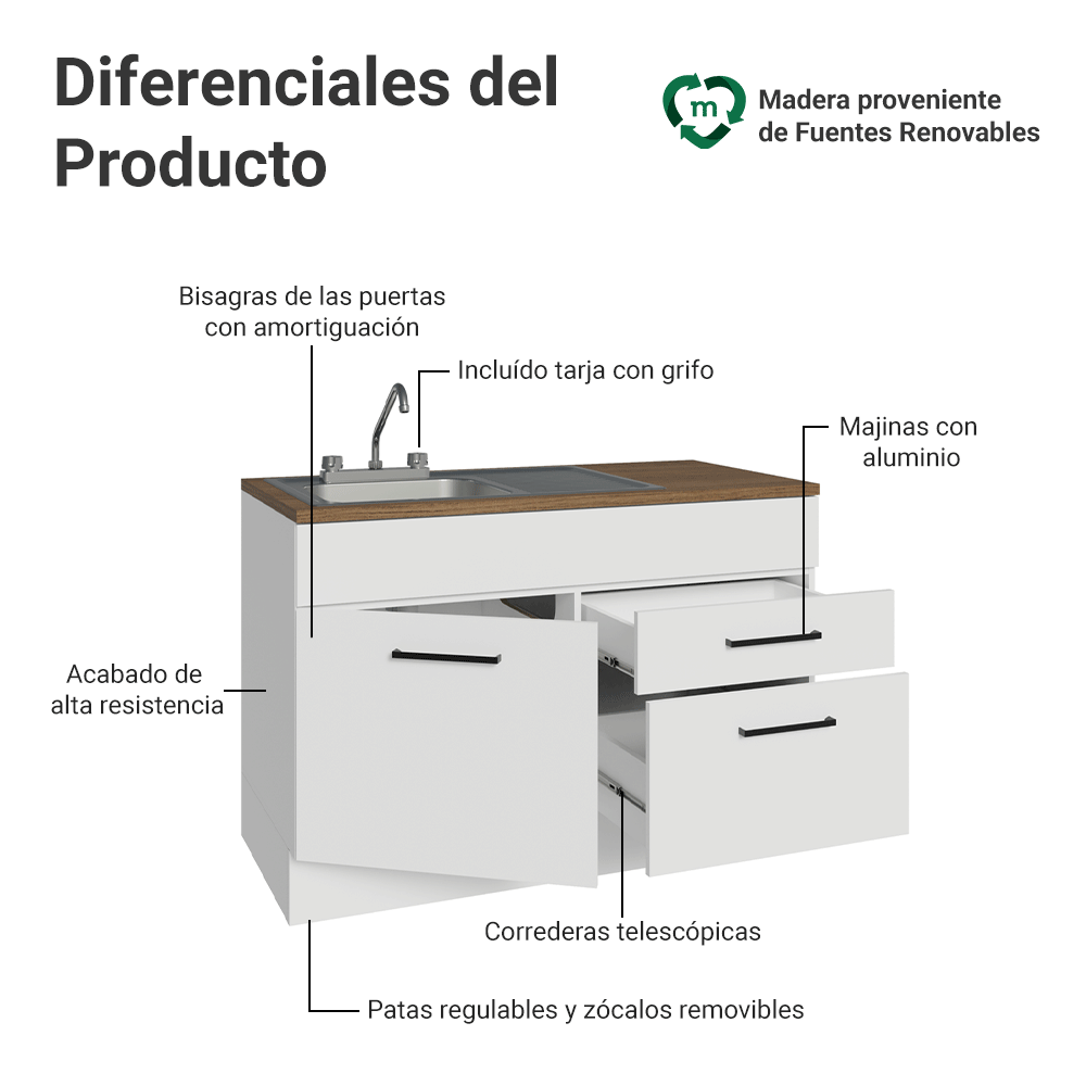 Mueble de Cocina con Fregadero 120 cm 1 Puerta y 2 Cajones Blanco/Marrón Agata