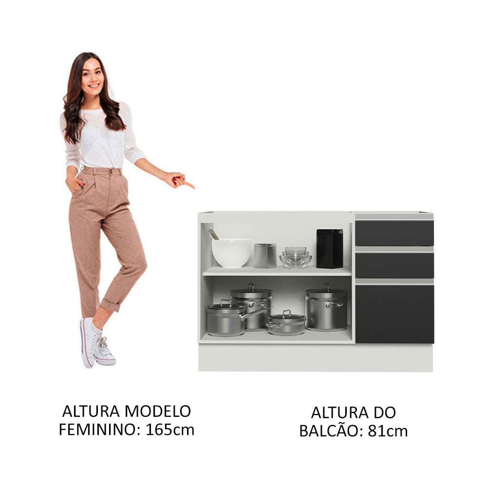 Gabinete Bajo para Tarja 120 x 60 cm 2 Puertas 3 Cajones (Sin Encimera) Glamy Blanco/Negro