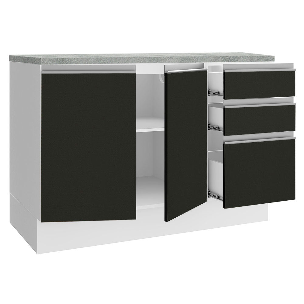 Gabinete Bajo para Tarja 120 x 60 cm 2 Puerta 3 Cajones (Con Encimera) Glamy Blanco/Negro