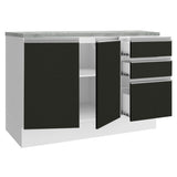 Gabinete Bajo para Tarja 120 x 60 cm 2 Puerta 3 Cajones (Con Encimera) Glamy Blanco/Negro