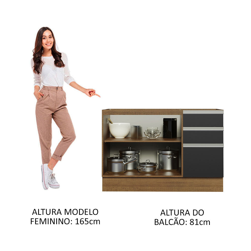 Gabinete Bajo 120 cm 2 Puertas 3 Cajones Sin Encimera Marrón/Negro Glamy Madesa