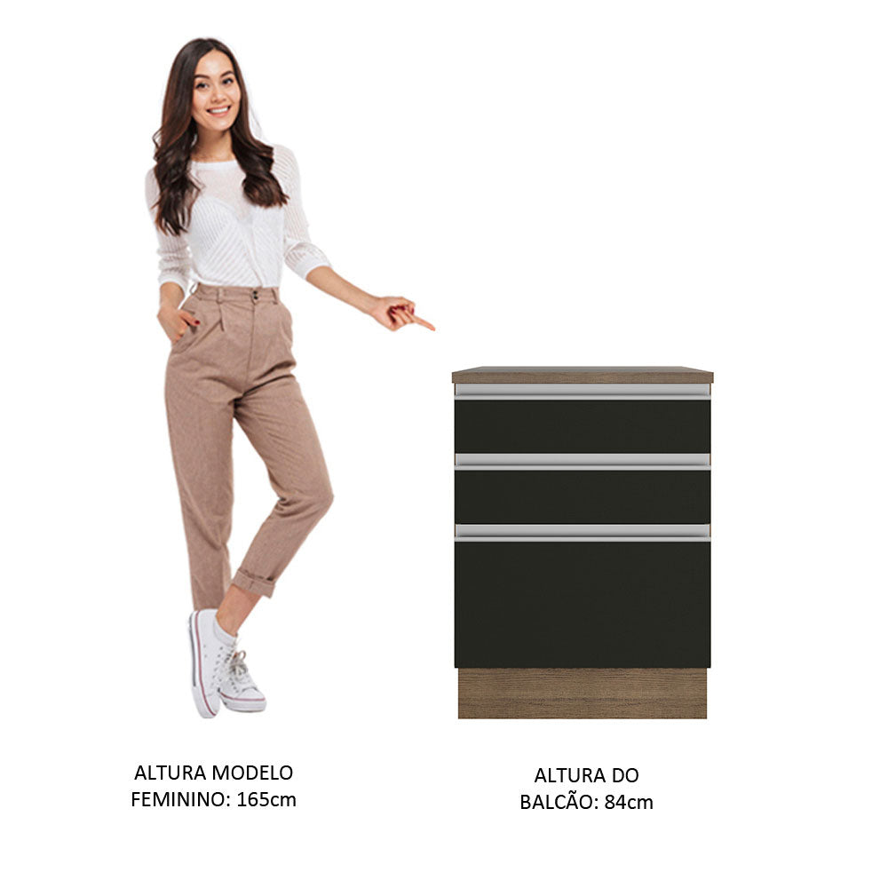 Gabinete Bajo 60 cm 3 Cajones Marrón/Negro Glamy Madesa