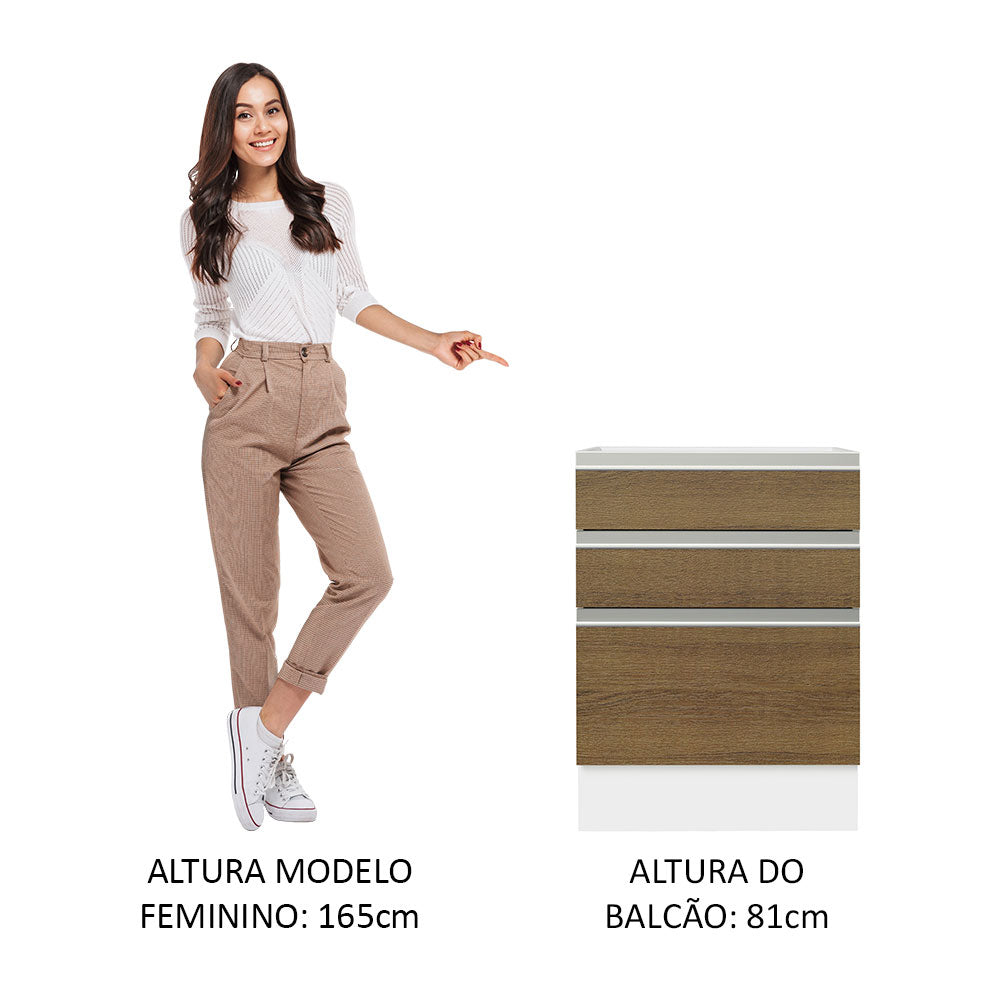 Gabinete Bajo 60 cm 3 Cajones Sin Encimera Blanco/Marrón Glamy Madesa