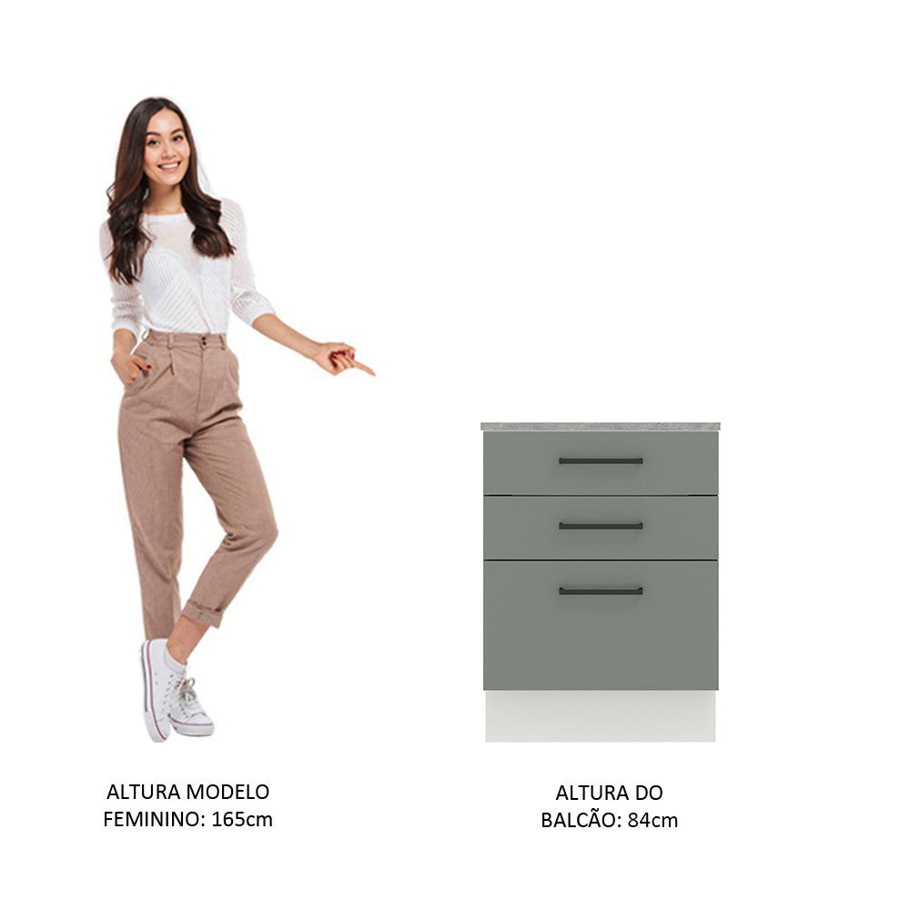 Gabinete Bajo 60 x 60 cm 3 Cajones Agata (Con Encimera) Blanco/Gris