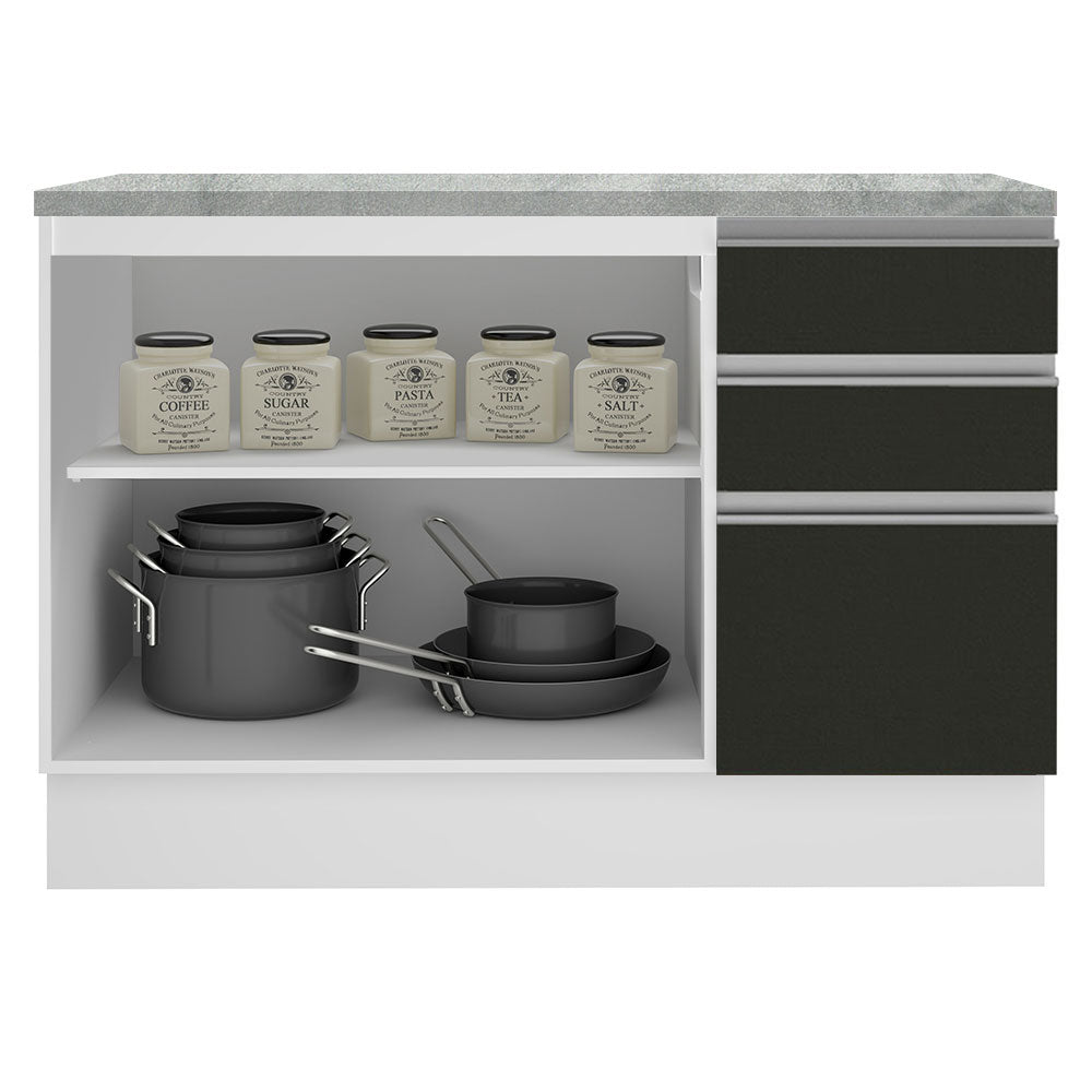 Gabinete Bajo para Fregadero 120 cm 2 Puertas 3 Cajones (Con Encimera) Glamy Blanco/Negro
