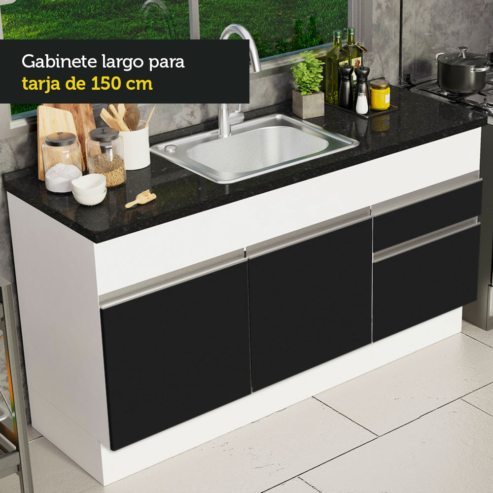 Gabinete Bajo para Fregadero 150cm 2 Puertas y 2 Cajones (Sin Encimera Ni Fregadero) Glamy Blanco/Negro