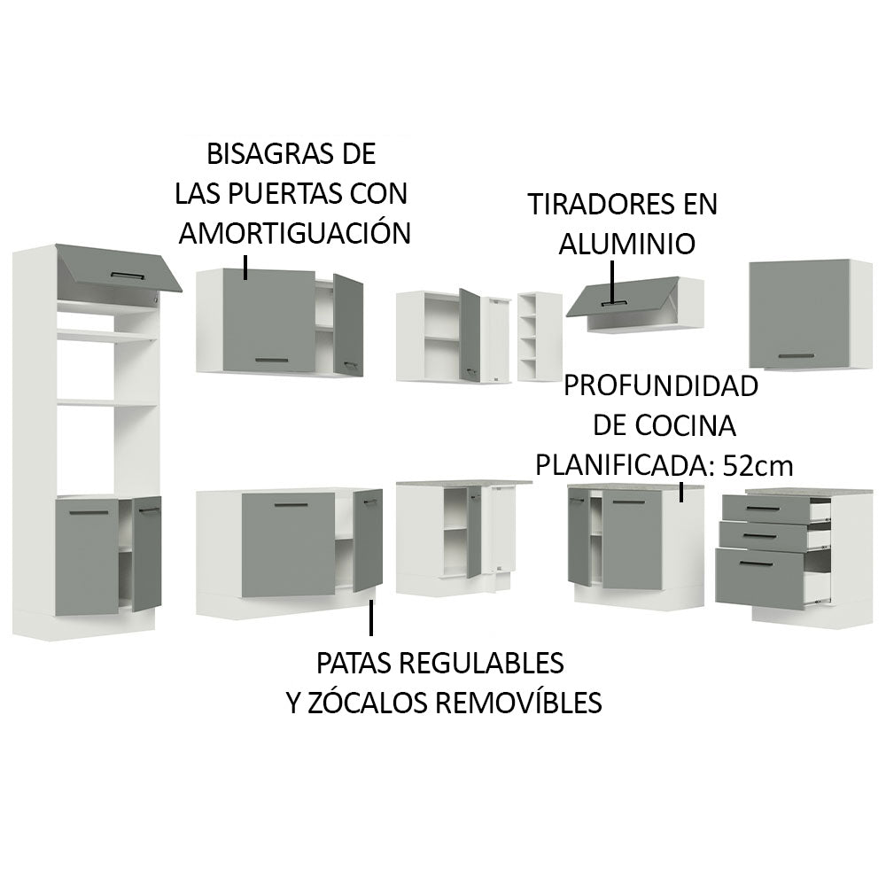 Cocina Integral Esquinera 479 x 52 cm 13 Puertas 3 Cajones Blanco/Gris Agata