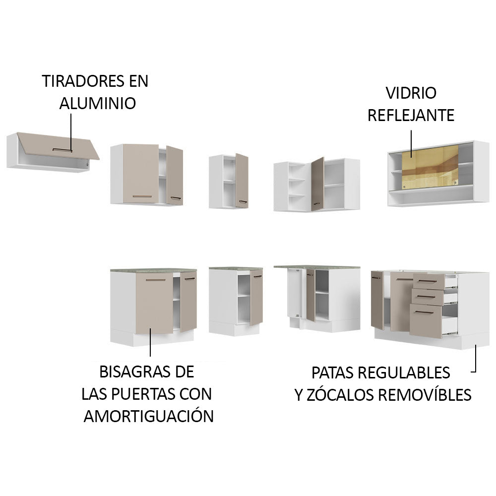 Cocina Integral de Esquina 486cm Blanco/Crema 60cm de Profundidad Agata 01