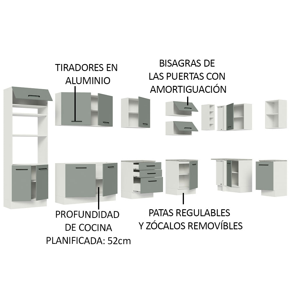 Cocina Integral Esquinera 479 x 52 cm 14 Puertas 3 Cajones Blanco/Gris Agata