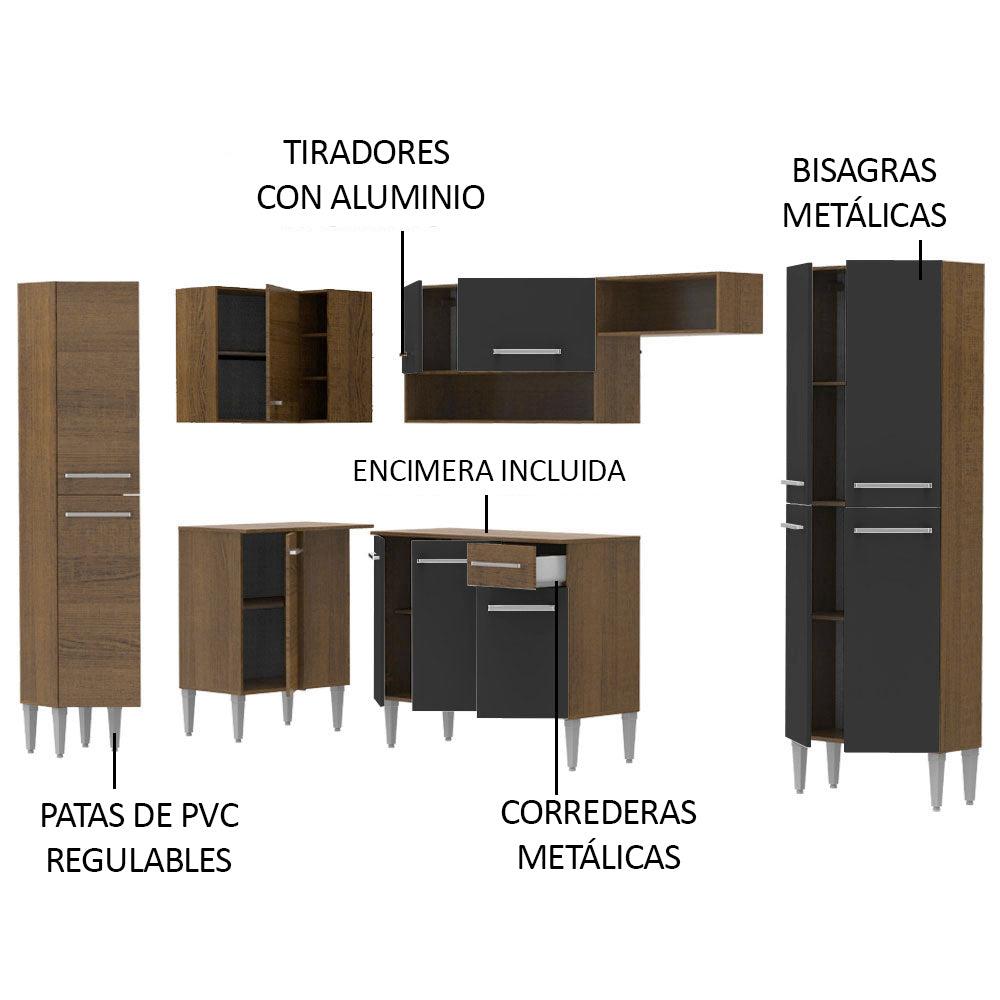 Cocina Integral Esquinera 385cm Marrón/Negro Emilly Love 01