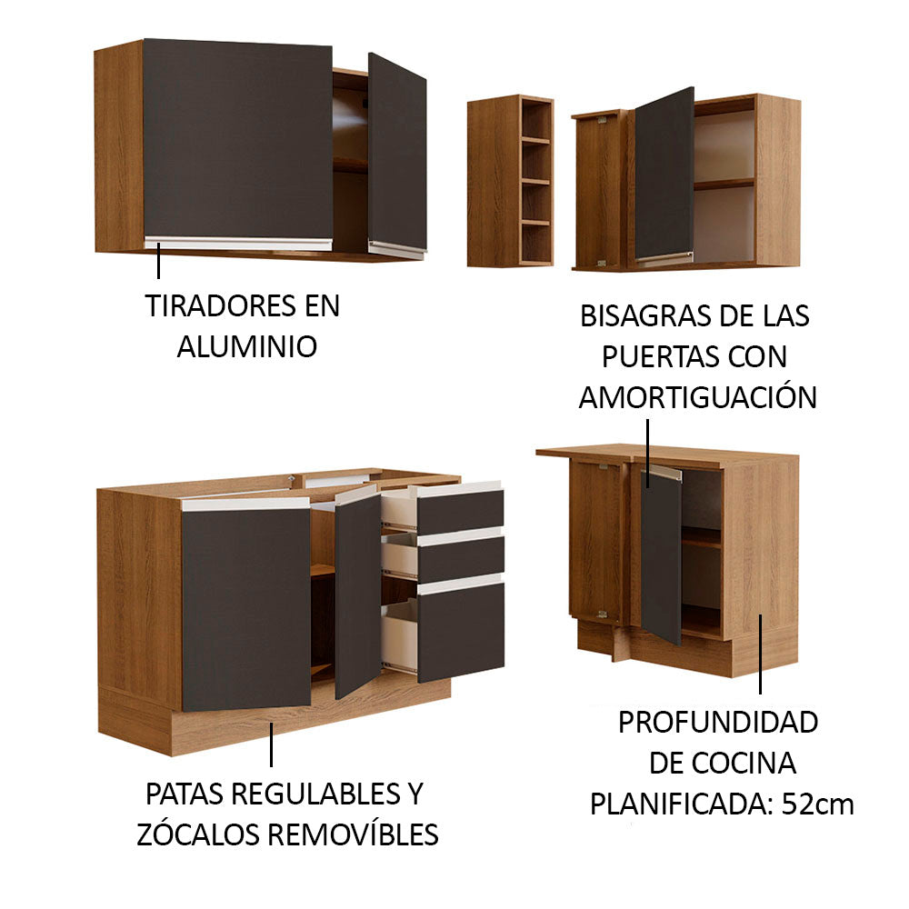 Cocina Integral Esquinera 269cm Marrón/Negro Glamy 01
