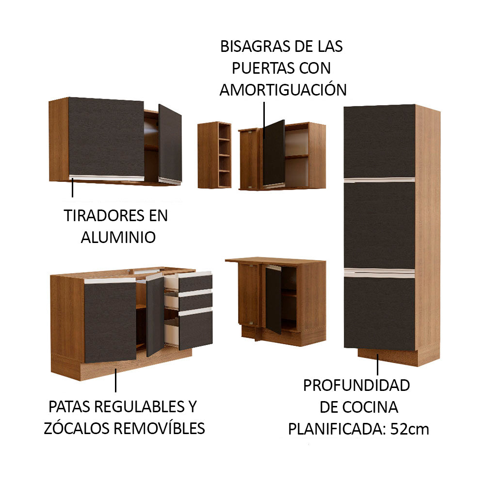 Cocina Integral Esquinera 329cm Marrón/Negro Glamy 01