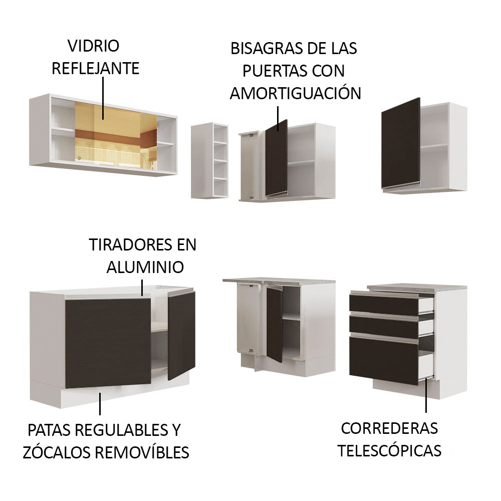 Cocina Integral Esquinera 329cm Blanco/Negro Glamy 02