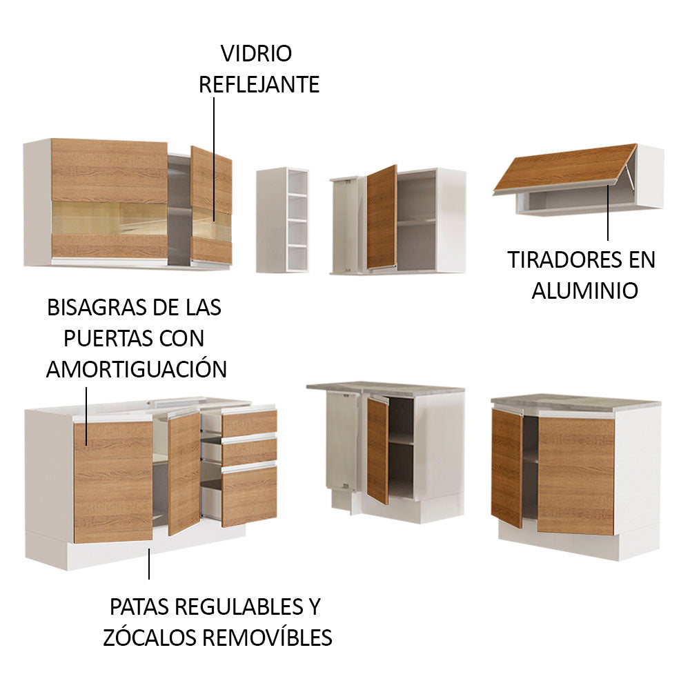 Cocina Integral Esquinera 349cm Blanco/Marrón Glamy 01