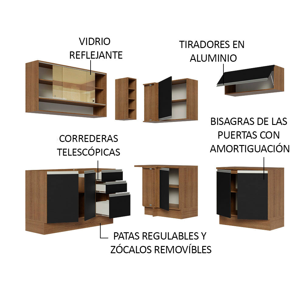 Cocina Integral Esquinera 349cm Marrón/Negro Glamy 02