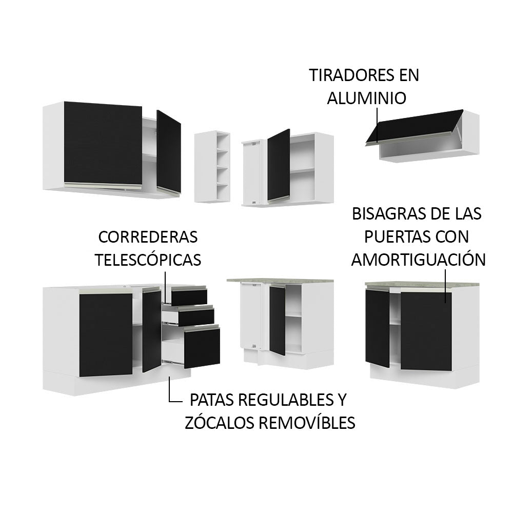 Cocina Integral Esquinera 349cm Blanco/Negro Glamy 03