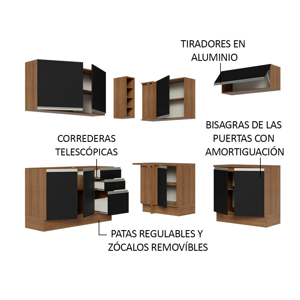 Cocina Integral Esquinera 349cm Marrón/Negro Glamy 03