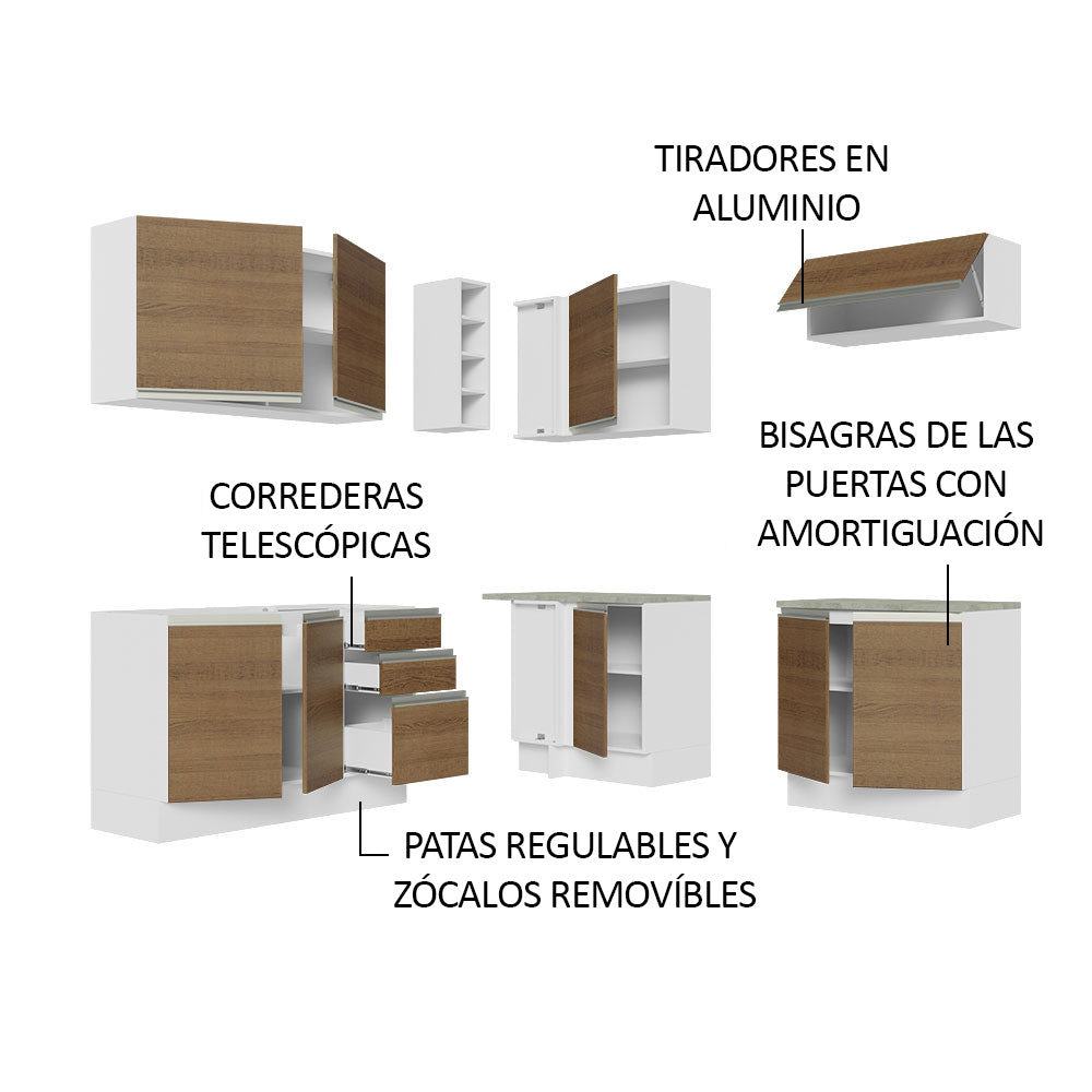 Cocina Integral Esquinera 349cm Blanco/Marrón Glamy 03