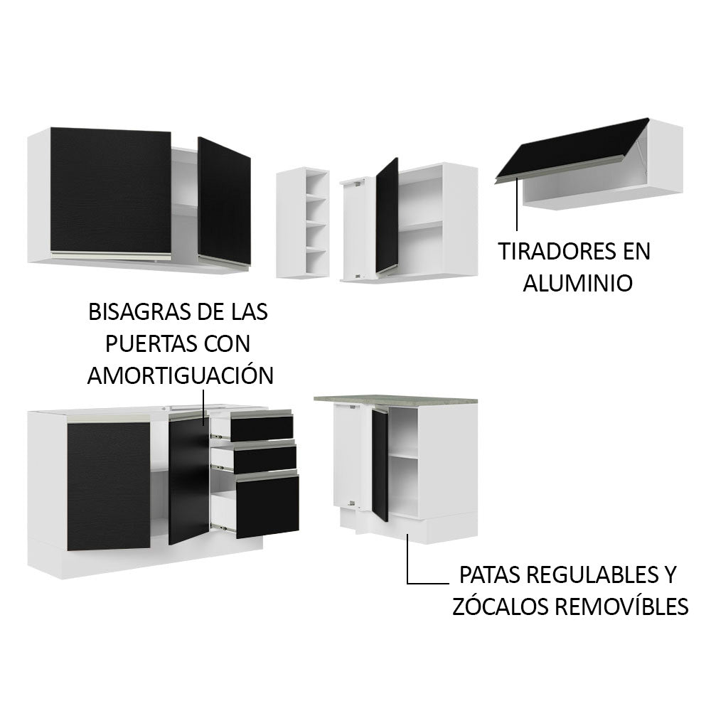 Cocina Integral Esquinera 349cm Blanco/Negro Glamy 07
