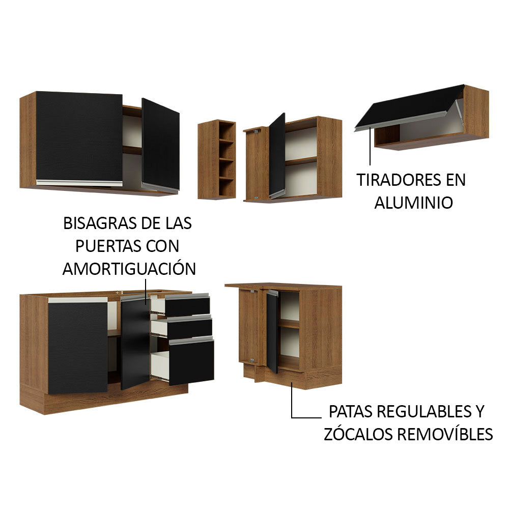 Cocina Integral Esquinera 349cm Marrón/Negro Glamy 07