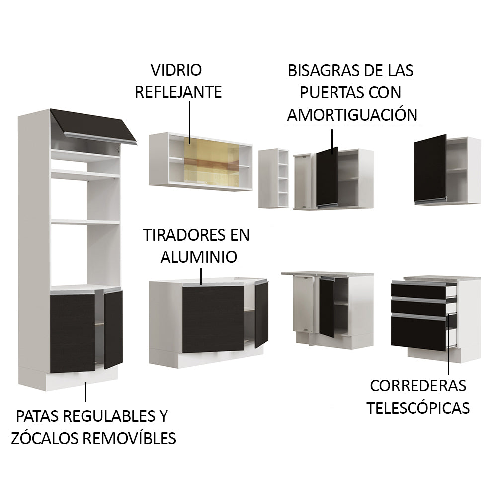 Cocina Integral Esquinera 399cm Blanco/Negro Glamy 02