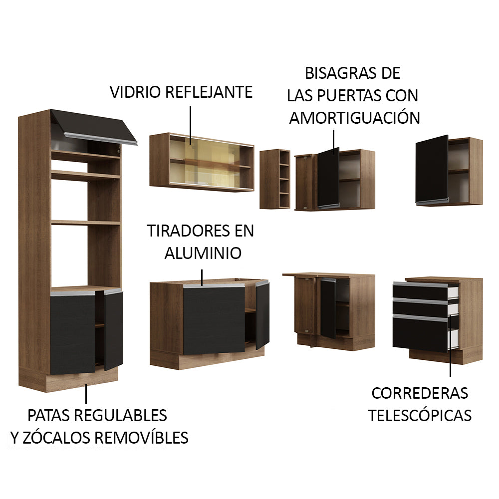 Cocina Integral Esquinera 399cm Marrón/Negro Glamy 02